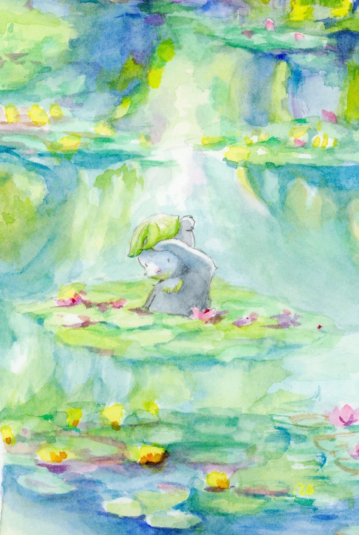 Pongo in Monet's Lily Pond, Framed